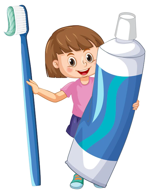 Free Vector | A little girl holding toothpaste and toothbrush on white backgro