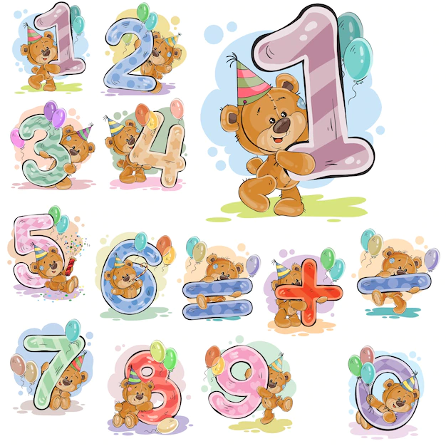 Free Vector | A set of vector illustrations with a brown teddy bear and numerals and mathematical symbols.
