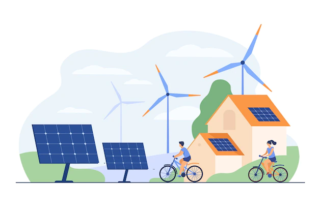 Free Vector | Active people on bikes, windmills and house with solar panel on rooftop flat illustration.