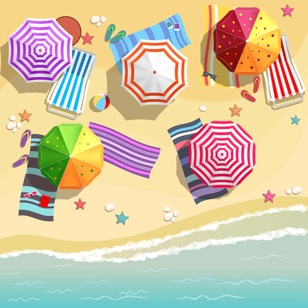 Free Vector | Aerial view of summer beach in flat design style. slippers and towel, starfish and summertime, relaxation summer tourism