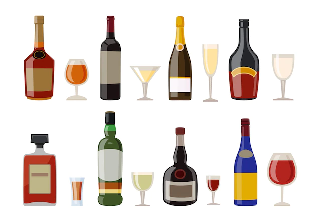 Free Vector | Alcoholic drinks and glasses vector illustrations set. liquor bottles of different shapes with labels, whiskey, rum, wine isolated