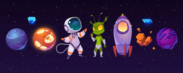 Free Vector | Alien planets, astronaut, funny extraterrestrial and rocket