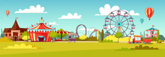 Free Vector | Amusement park of cartoon attraction rides and circus tent.