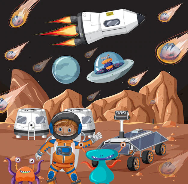 Free Vector | An astronaut and aliens on planet