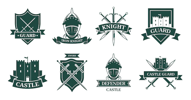 Free Vector | Ancient knight or fighter monochrome flat sign set. medieval emblem and shield with warrior armor, helmet, swords or castle vector illustration collection. mascot, military and ancient army