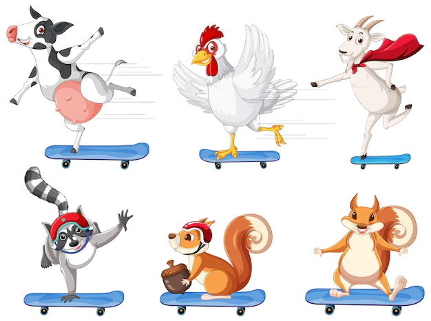 Free Vector | Animals playing skateboard on white background