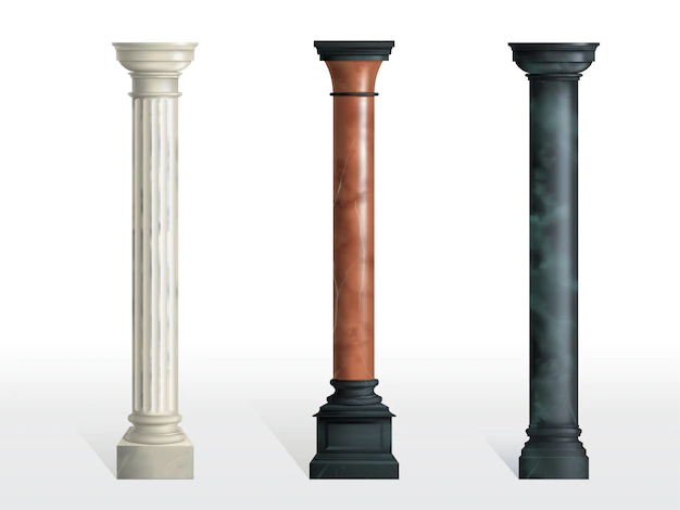Free Vector | Antique cylindrical columns of white, red and black marble stone with cubical base realistic vector isolated. ancient architecture, historical or modern building exterior element