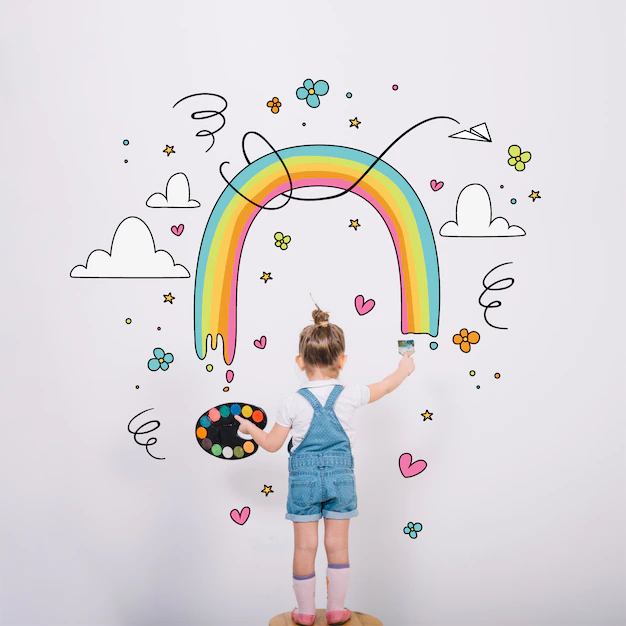 Free Vector | Artistic little girl painting a wonderful rainbow
