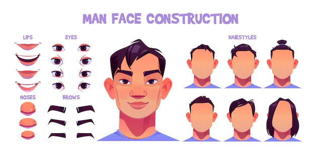 Free Vector | Asian man face construction, avatar creation with head parts isolated onwhite . vector cartoon set of male character eyes, noses, hairstyles, brows and lips. skin pack