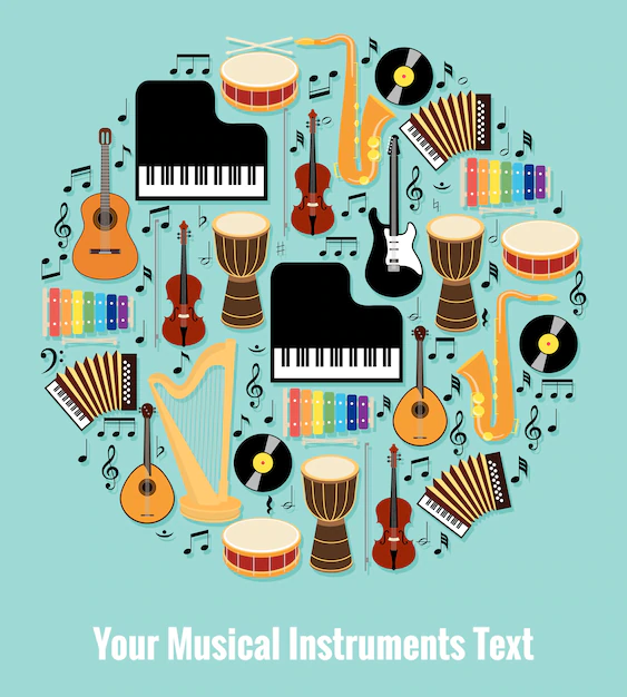 Free Vector | Assorted musical instruments design formed round with editable text area. isolated on light blue sky background.