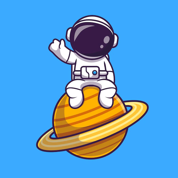 Free Vector | Astronaut sitting on planet and waving hand cartoon vector icon illustration. science technology icon concept isolated premium vector. flat cartoon style