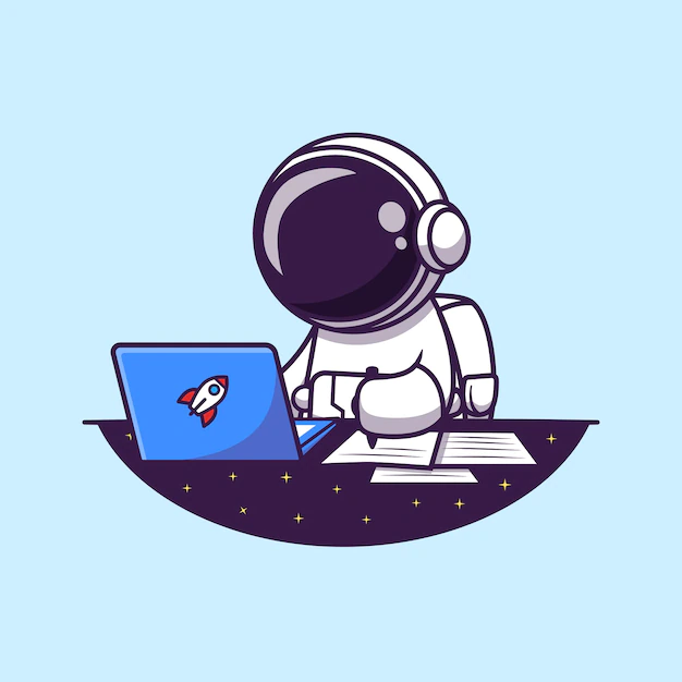 Free Vector | Astronaut working on laptop and writing cartoon   illustration. science business  concept isolated  . flat cartoon style