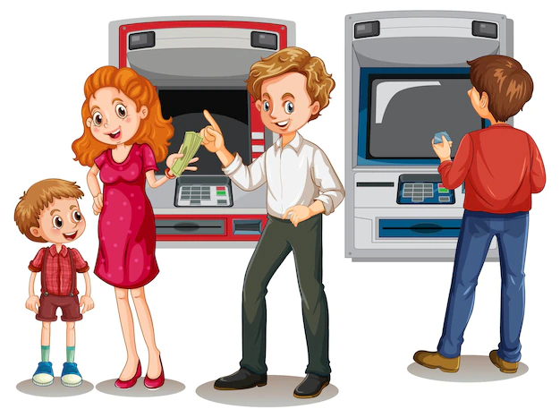 Free Vector | Atm machine with people cartoon character