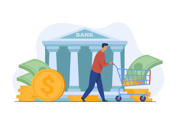 Free Vector | Bank customer getting loan. man wheeling cart with cash flat vector illustration. finance, money, banking, service