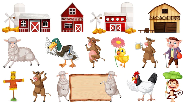 Free Vector | Barn buildings and many farm animals