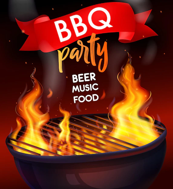 Free Vector | Bbq party poster template. realistic fire flame bbq grill composition with bbq party beer music food headline