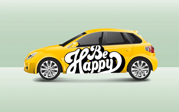 Free Vector | Be happy typography on a hatchback car vector
