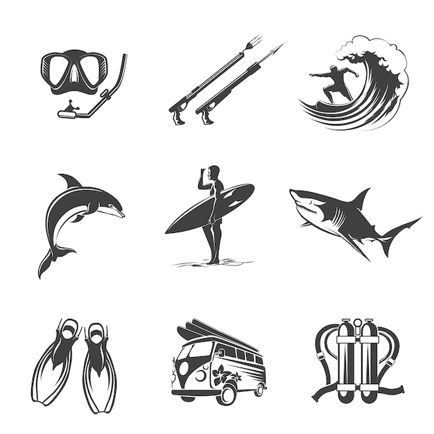 Free Vector | Beach icons black set. summer, vacation and tourism signs. leisure and  hunting, dolphins and sharks, fins and scuba, spearfishing surfing and diving.