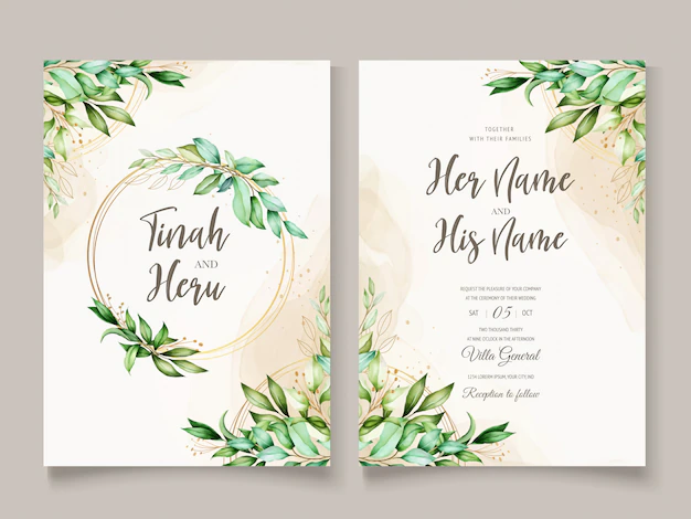 Free Vector | Beautiful watercolor leaves wedding card template