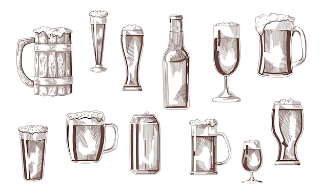 Free Vector | Beer drink in glasses, pints, mugs, can sketch set