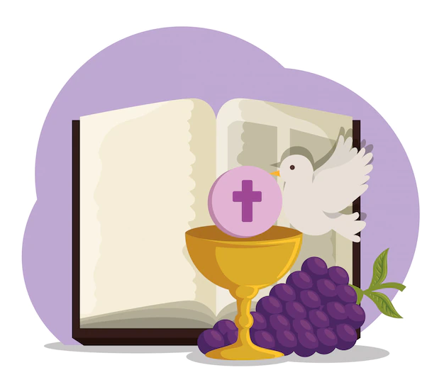 Free Vector | Bible with chalice and grapes to first communion