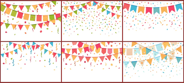 Free Vector | Birthday party bunting and confetti. color paper streamers, confettis explosion and buntings flags