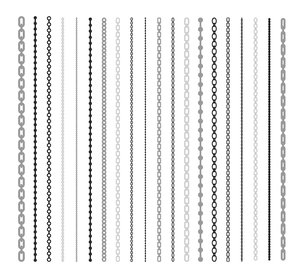 Free Vector | Black lines of chain flat illustration set. chain link and border pattern brush isolated vector collection. connection and fashion design elements concept