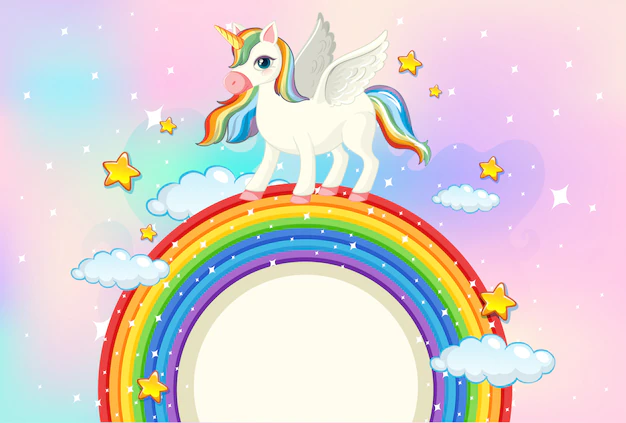 Free Vector | Blank banner with cute unicorn in the pastel sky background