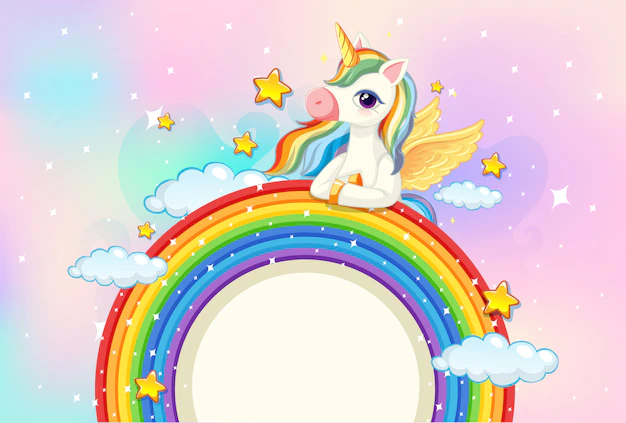 Free Vector | Blank banner with cute unicorn on rainbow in the pastel sky background