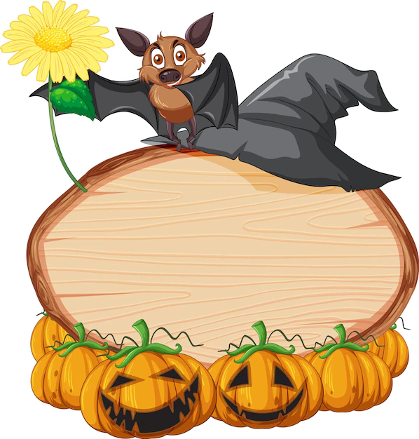 Free Vector | Blank oval wooden signboard with bat in halloween theme