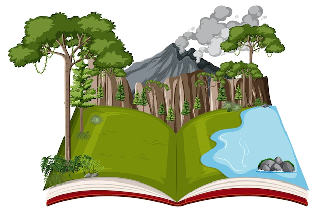 Free Vector | Book with volcano and forest