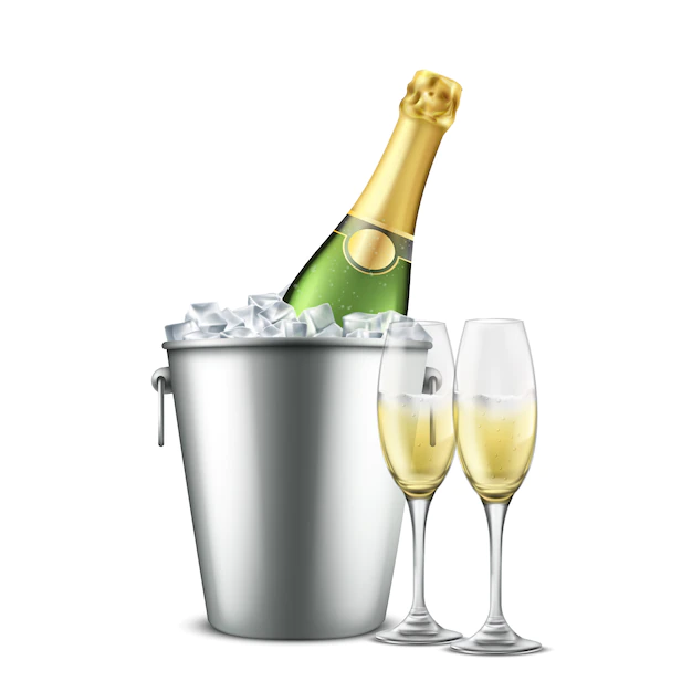 Free Vector | Bottle of champagne in restaurant bucket with ice and wine glasses with carbonated alcohol beverage