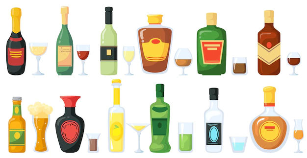 Free Vector | Bottles of alcoholic drinks with glasses illustration