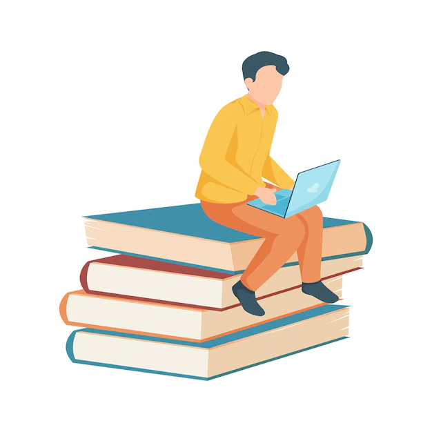 Free Vector | Boy student sitting on stack of books with laptop flat icon  illustration