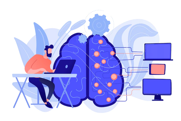 Free Vector | Brain with digital circuit and programmer with laptop. machine learning, artificial intelligence, digital brain and artificial thinking process concept. vector isolated illustration.