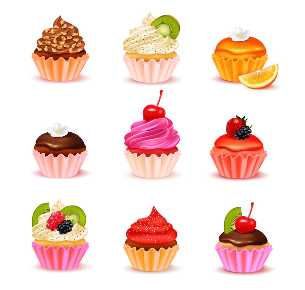 Free Vector | Bright realistic cupcakes with various fillings assortment set isolated on white background vector illustration