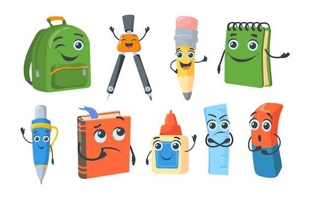 Free Vector | Bright school stationery characters flat pictures collection
