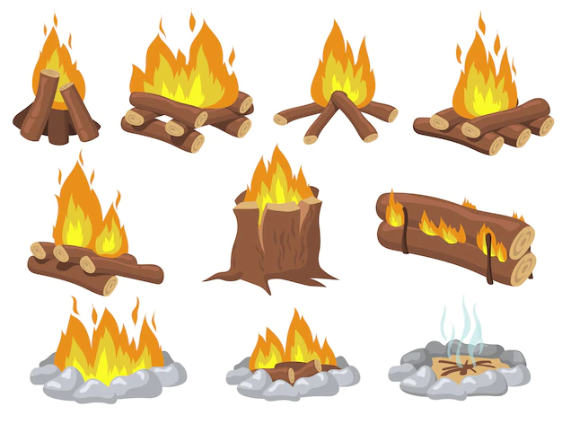 Free Vector | Bright wood campfire and bonfire flat item set. cartoon fire for camping  isolated vector illustration collection. travel and adventure concept