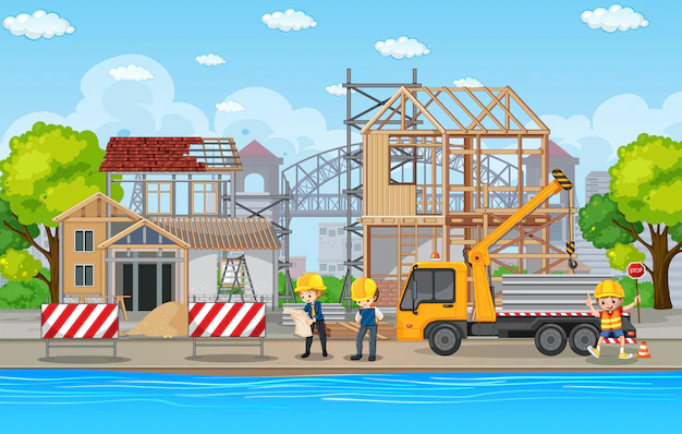 Free Vector | Building construction site and workers