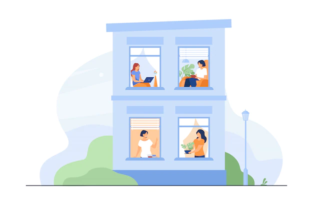 Free Vector | Building exterior with open windows and people