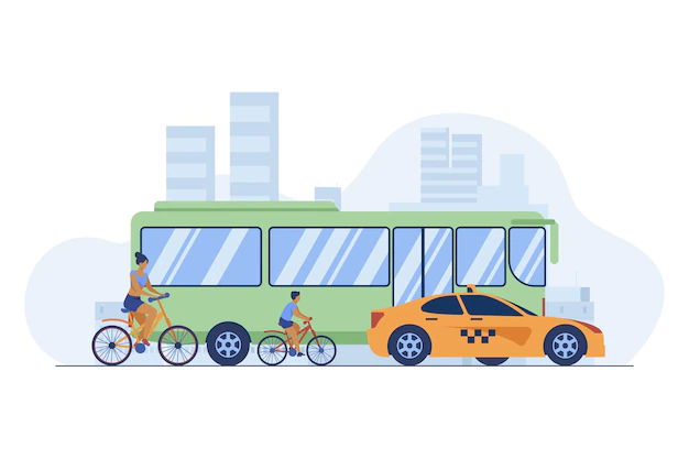 Free Vector | Bus, taxi and cyclist driving on city road. transport, bicycle, car flat vector illustration. traffic and urban lifestyle