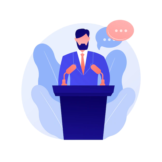 Free Vector | Business conference, corporate presentation. female speaker flat character with empty speech bubbles. political debates, professor, seminar concept illustration