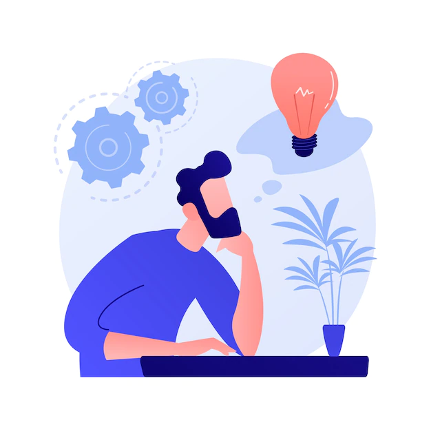 Free Vector | Business idea generation. plan development. pensive man with lightbulb cartoon character. technical mindset, entrepreneurial mind, brainstorming process.