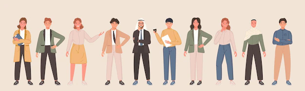 Free Vector | Business multinational character team in different pose diverse office worker people set standing