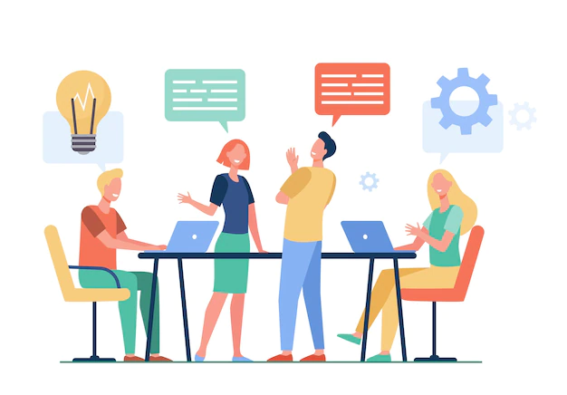 Free Vector | Business team planning working process flat vector illustration. cartoon colleagues talking, sharing thoughts and smiling in company office. teamwork and workflow concept