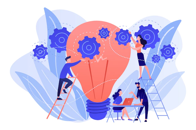 Free Vector | Business team putting gears on big lightbulb. new idea engineering, business model innovation and design thinking concept on white background.