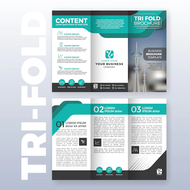 Free Vector | Business tri-fold brochure template design with turquoise color scheme in a4 size layout with bleeds