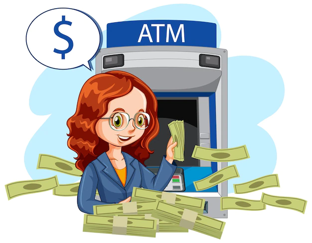Free Vector | Business woman withdraw money from atm machine