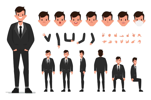 Free Vector | Businessman character in black suit constructor for different poses set of various mens faces