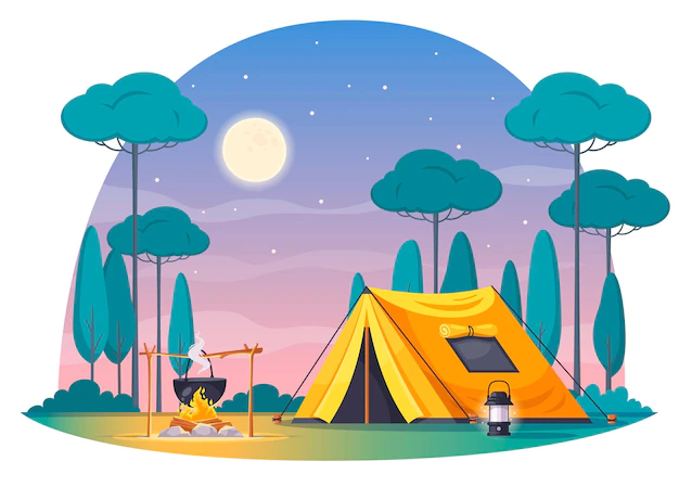 Free Vector | Camping place cartoon composition with yellow tent lamp pot with dinner on fire night sky